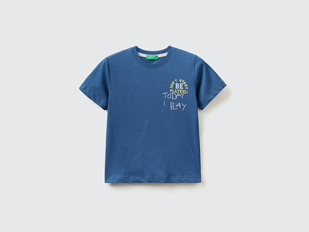 Benetton Erkek Çocuk Saks Mavi Renkli Slogan Baskılı T-Shirt