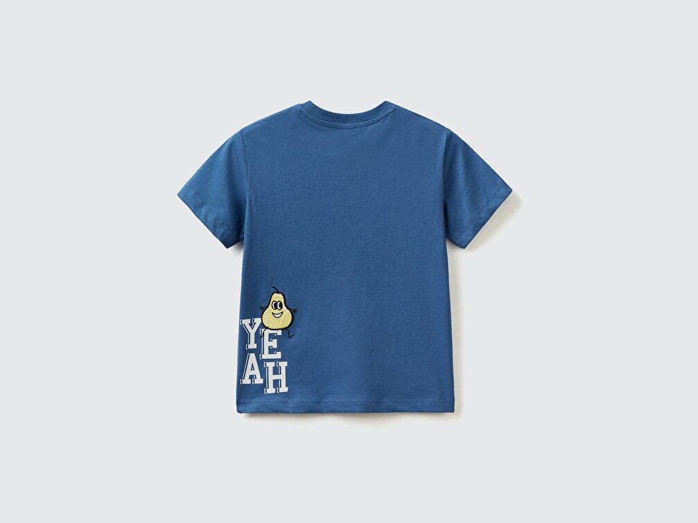 Benetton Erkek Çocuk Saks Mavi Renkli Slogan Baskılı T-Shirt
