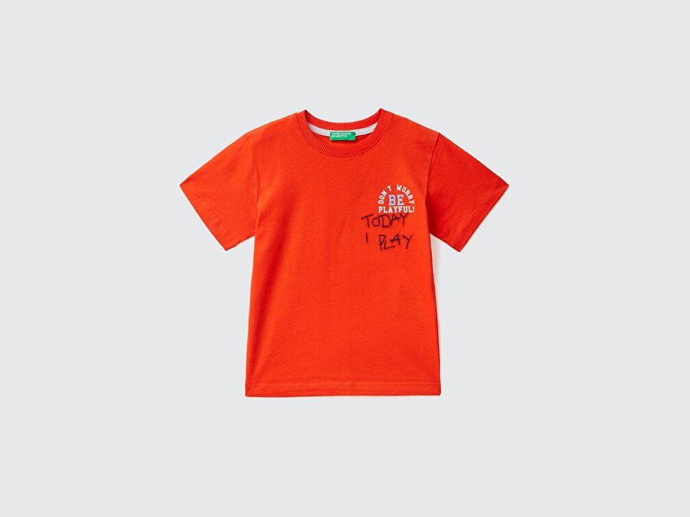 Benetton Erkek Çocuk Kırmızı Renkli Slogan Baskılı T-Shirt