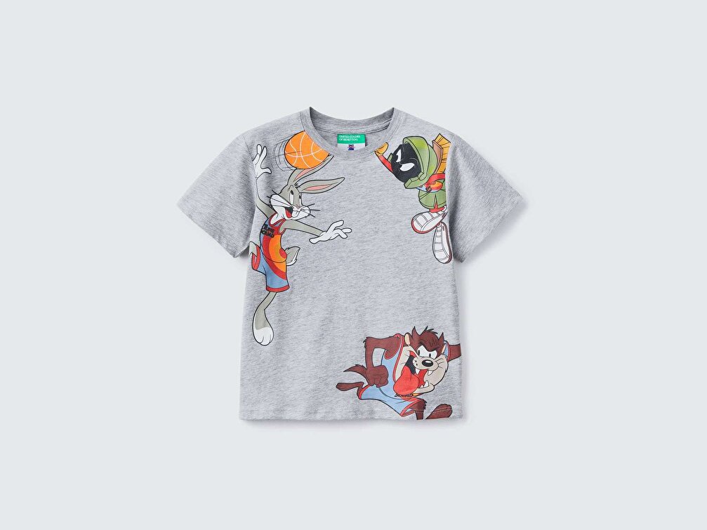 Benetton Erkek Çocuk Gri Melanj Bugs Bunny Baskılı T-Shirt