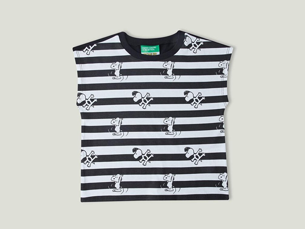 Benetton Kız Çocuk Siyah Snoopy Baskılı Çizgili T-Shirt