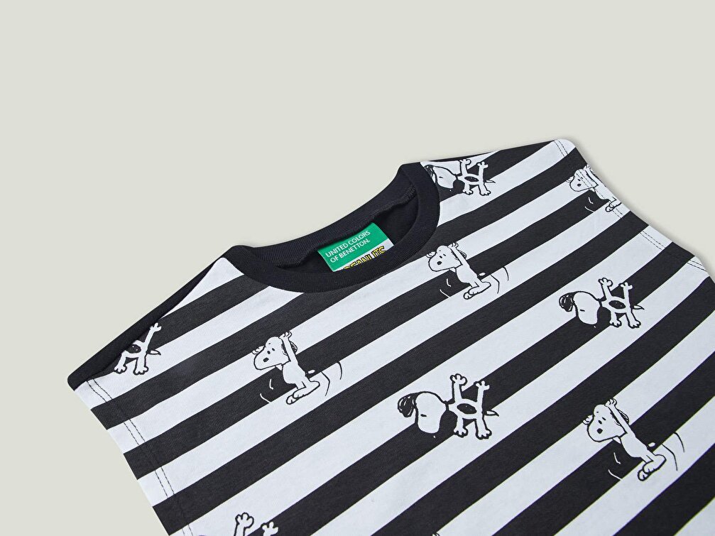 Benetton Kız Çocuk Siyah Snoopy Baskılı Çizgili T-Shirt