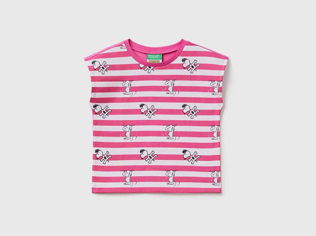 Benetton Kız Çocuk Fuşya Snoopy Baskılı Çizgili T-Shirt