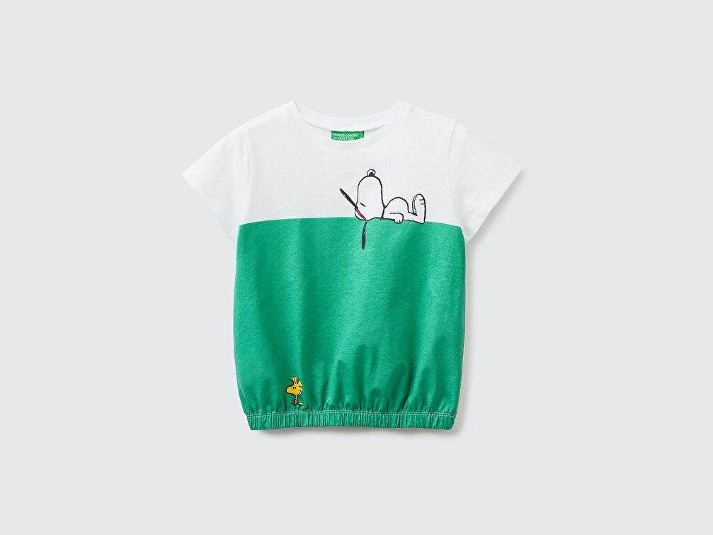 Benetton Kız Çocuk Yeşil Mix Snoopy Baskılı Renk Bloklu T-Shirt