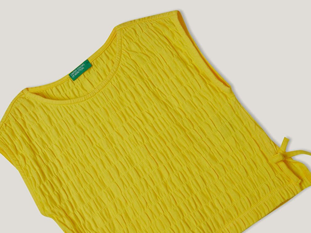 Benetton Kız Çocuk Sarı İp Bağlamalı Dalga Efektli T-Shirt
