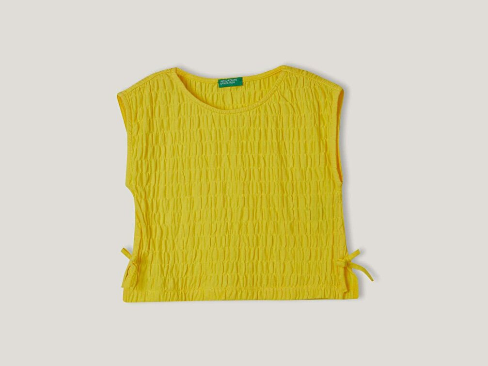 Benetton Kız Çocuk Sarı İp Bağlamalı Dalga Efektli T-Shirt