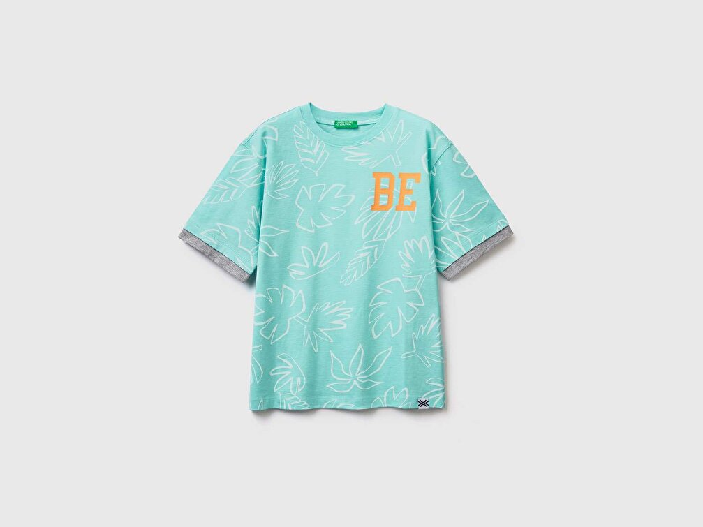Benetton Erkek Çocuk Mavi Mix Yaprak Desenli Etiket Logolu T-Shirt