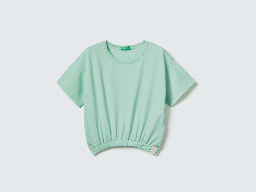 Benetton Kız Çocuk Su Yeşili Logo Etiketli T-Shirt