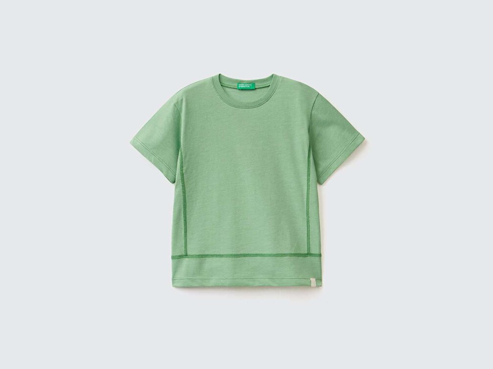 Benetton Erkek Çocuk Yeşil Dikiş Detaylı Etiket Logolu T-Shirt