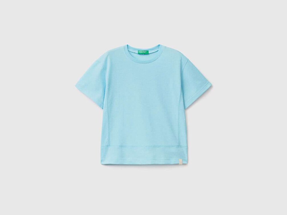 Benetton Erkek Çocuk Mavi Dikiş Detaylı Etiket Logolu T-Shirt