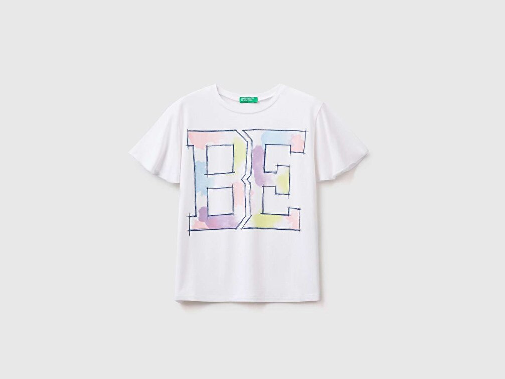 Benetton Kız Çocuk Beyaz Be Yazılı Su Baskılı Viskon T-Shirt