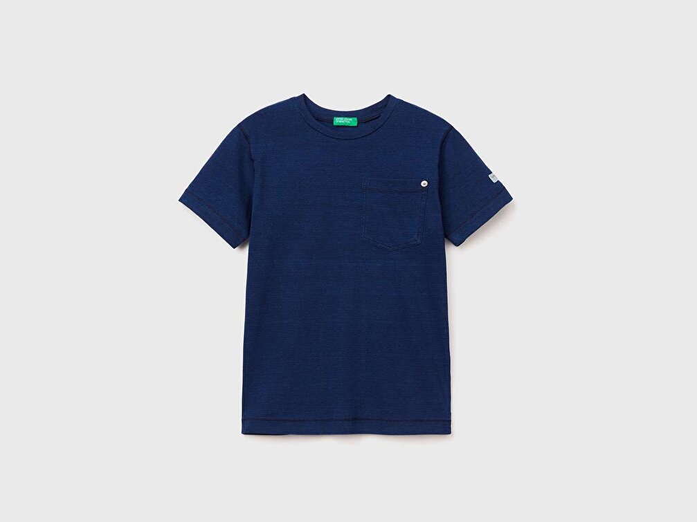 Benetton Erkek Çocuk İndigo Çizgili Cep Detaylı T-Shirt