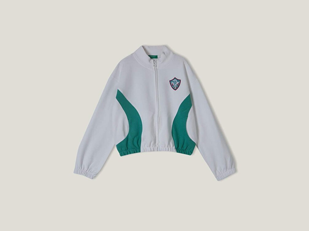 Benetton Kız Çocuk Beyaz Kontrast Çizgili Simli Patch İşlemeli Sweatshirt