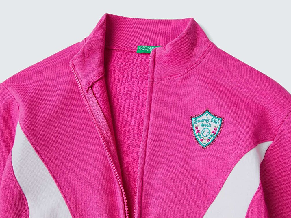 Benetton Kız Çocuk Fuşya Kontrast Çizgili Simli Patch İşlemeli Sweatshirt