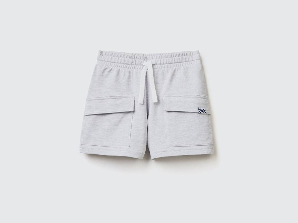 Benetton Erkek Çocuk Gri Melanj Kargo Cepli Etiket Logolu Sweat Şort