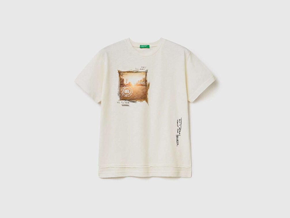 Benetton Erkek Çocuk Krem Fotoğraf Baskılı T-Shirt