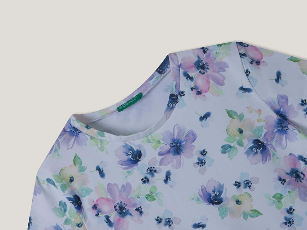 Benetton Kız Çocuk Yeşil Mix Çiçek Desenli T-Shirt