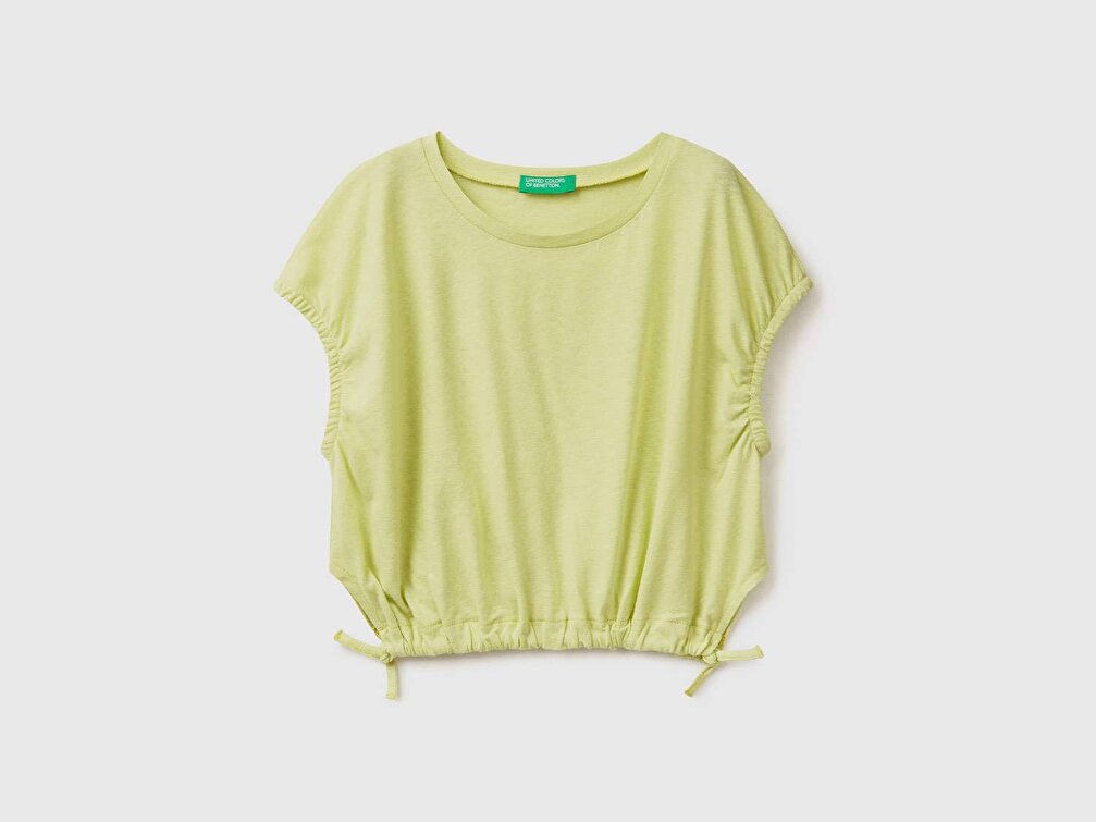 Benetton Kız Çocuk Açık Yeşil Keten Karışımlı Beli İp Bağlamalı Crop T-Shirt