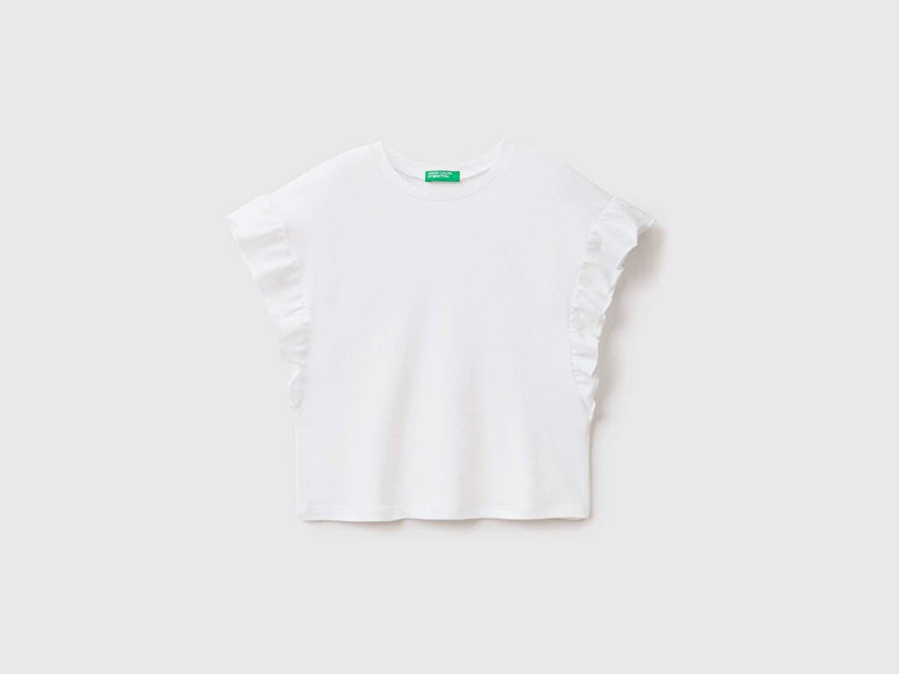 Benetton Kız Çocuk Beyaz Keten Karışımlı Kolu Fırfırlı T-Shirt