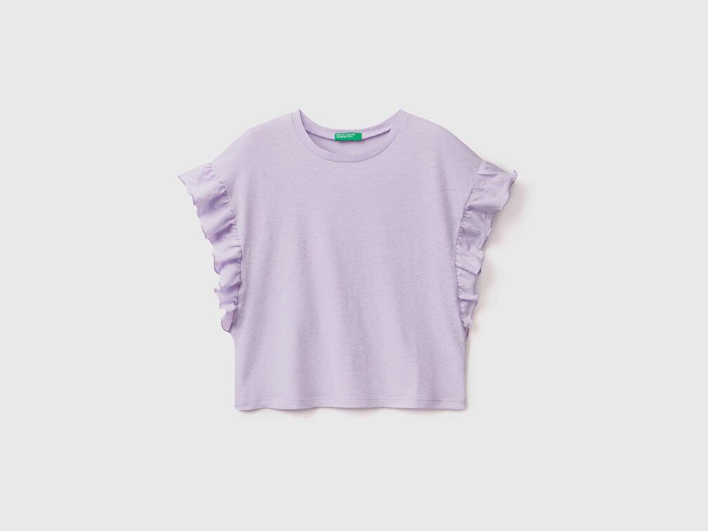 Benetton Kız Çocuk Lacivert Keten Karışımlı Kolu Fırfırlı T-Shirt
