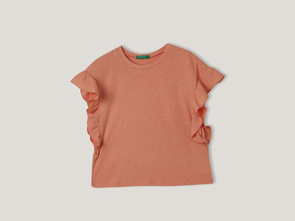Benetton Kız Çocuk Mercan Keten Karışımlı Kolu Fırfırlı T-Shirt