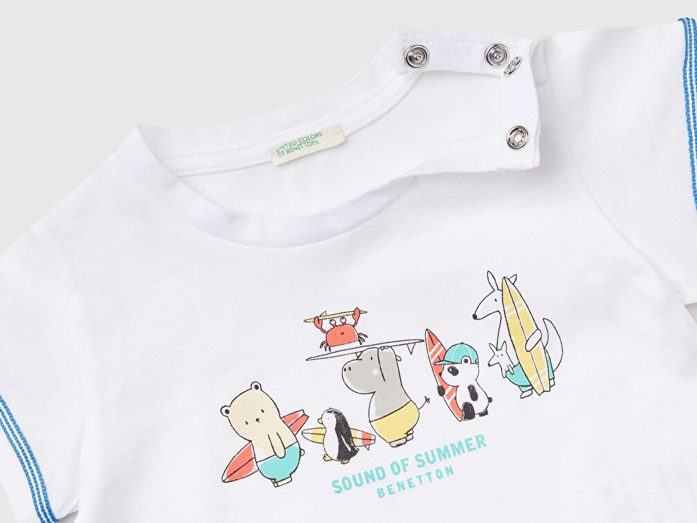 Benetton Bebek Beyaz Sevimli Karakter Baskılı T-Shirt