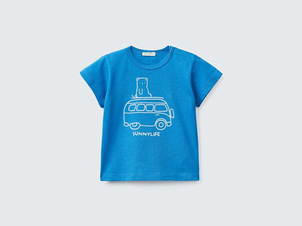 Benetton Bebek Saks Mavi Grafik Baskılı T-Shirt