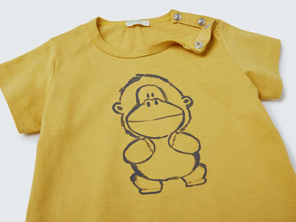 Benetton Bebek Hardal Sarı Grafik Baskılı T-Shirt