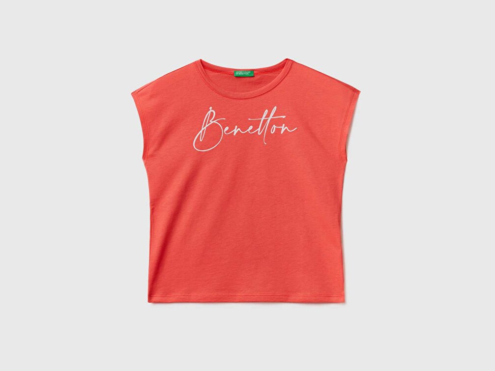 Benetton Kız Çocuk Pembe Simli Benetton Yazılı Yaz T-Shirt