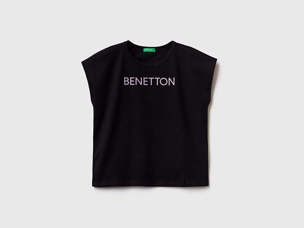 Benetton Kız Çocuk Siyah Simli Benetton Yazılı Yaz T-Shirt