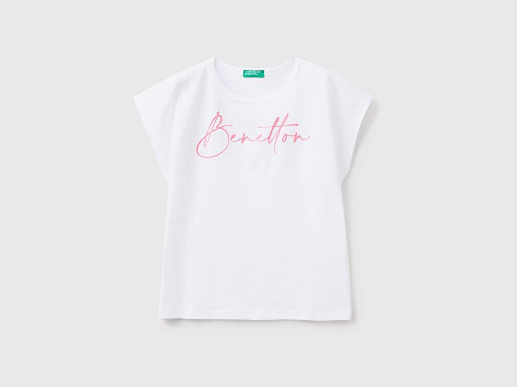 Benetton Kız Çocuk Beyaz Simli Benetton Yazılı Yaz T-Shirt