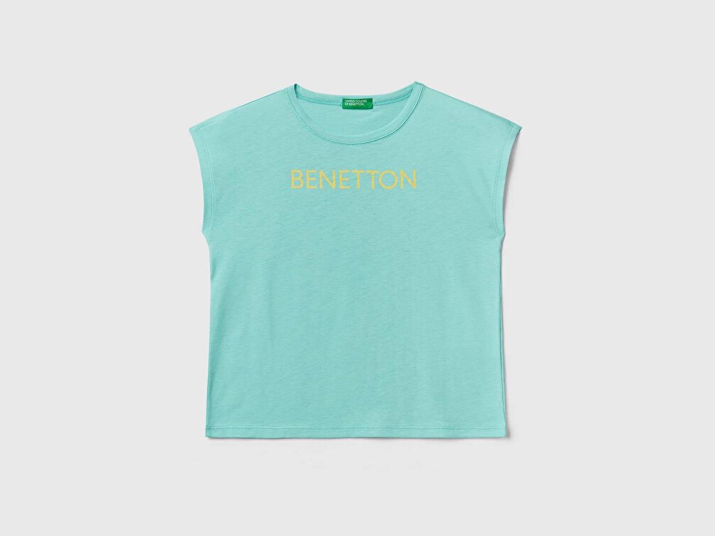 Benetton Kız Çocuk Su Yeşili Simli Benetton Yazılı Yaz T-Shirt