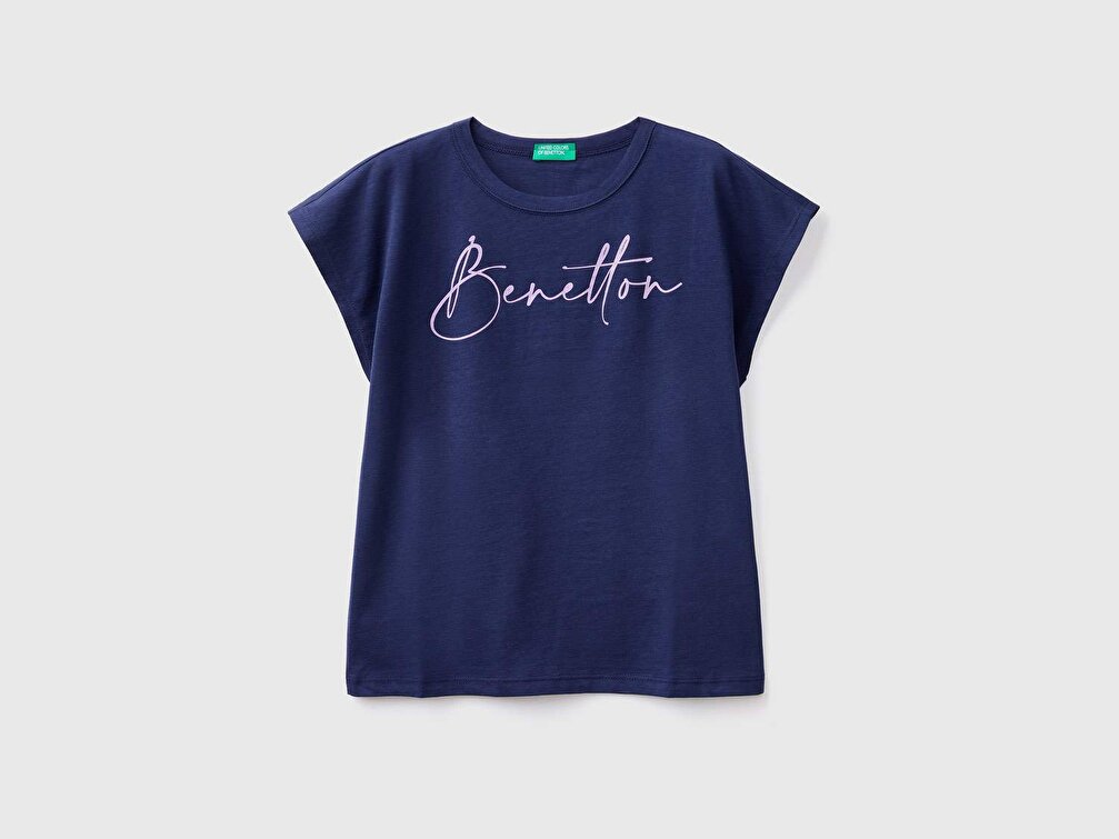 Benetton Kız Çocuk Lacivert Simli Benetton Yazılı Yaz T-Shirt