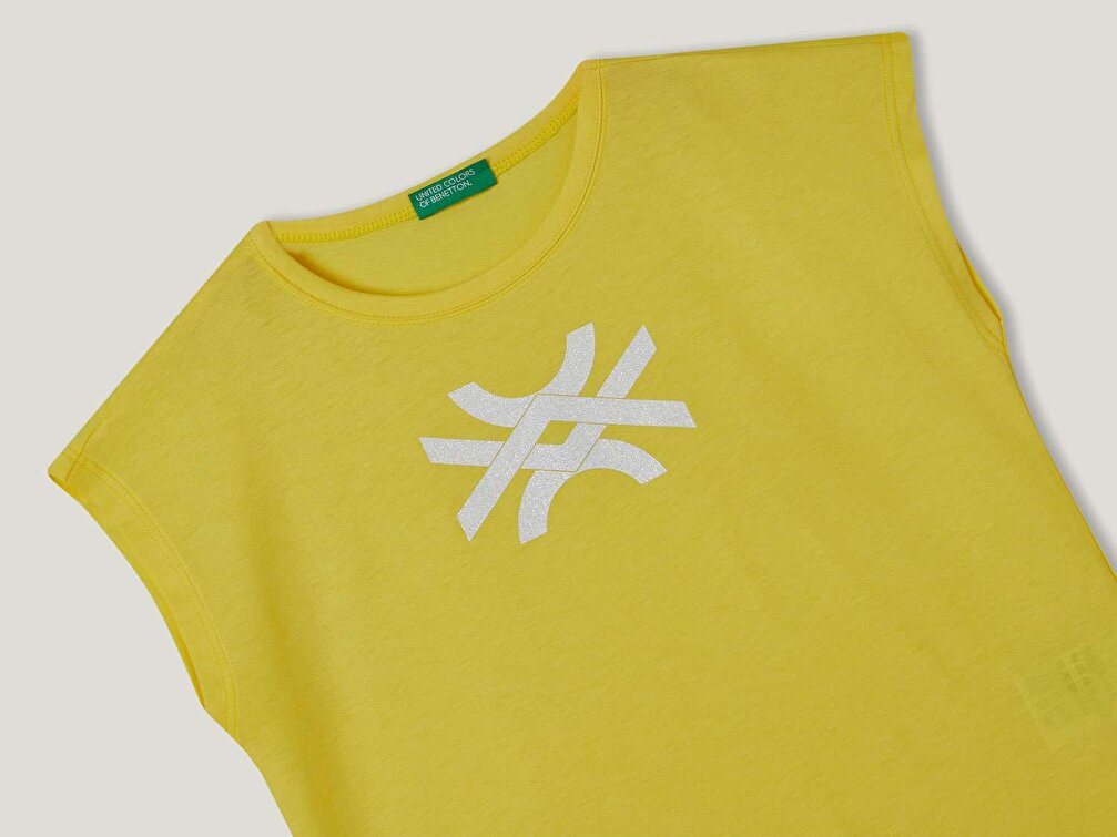 Benetton Kız Çocuk Sarı Simli Benetton Yazılı Yaz T-Shirt