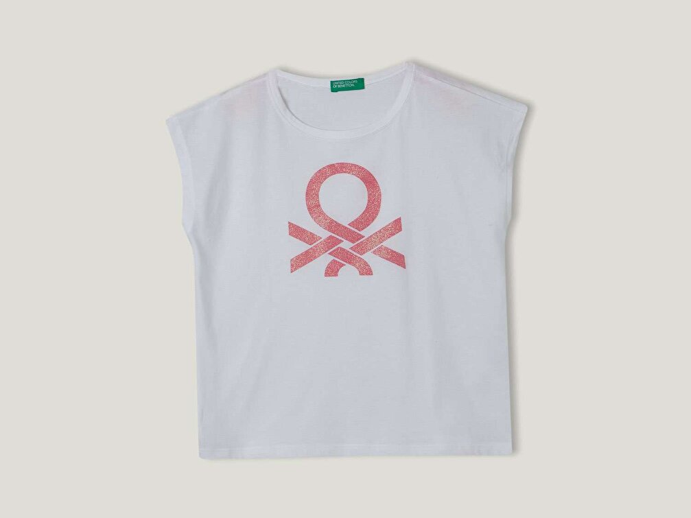 Benetton Kız Çocuk Beyaz Simli Benetton Yazılı Yaz T-Shirt