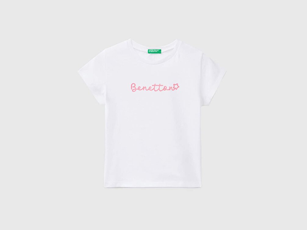 Benetton Kız Çocuk Beyaz Simli Benetton Yazılı Yaz T-Shirt