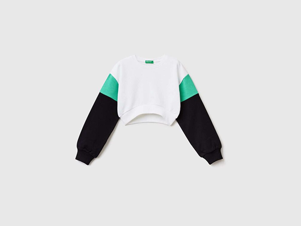 Benetton Kız Çocuk Beyaz Renk Bloklu Crop Sweatshirt