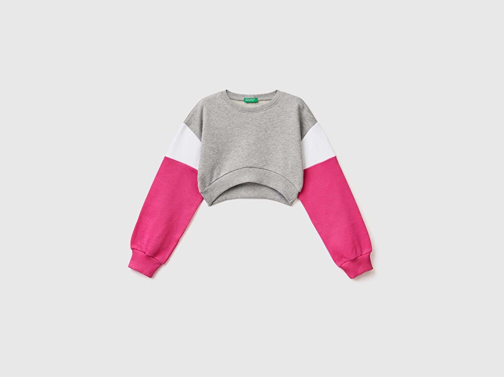 Benetton Kız Çocuk Gri Melanj Renk Bloklu Crop Sweatshirt