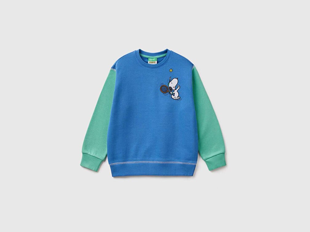 Benetton Erkek Çocuk Saks Mavi Renk Bloklu Snoopy Baskılı Sweatshirt