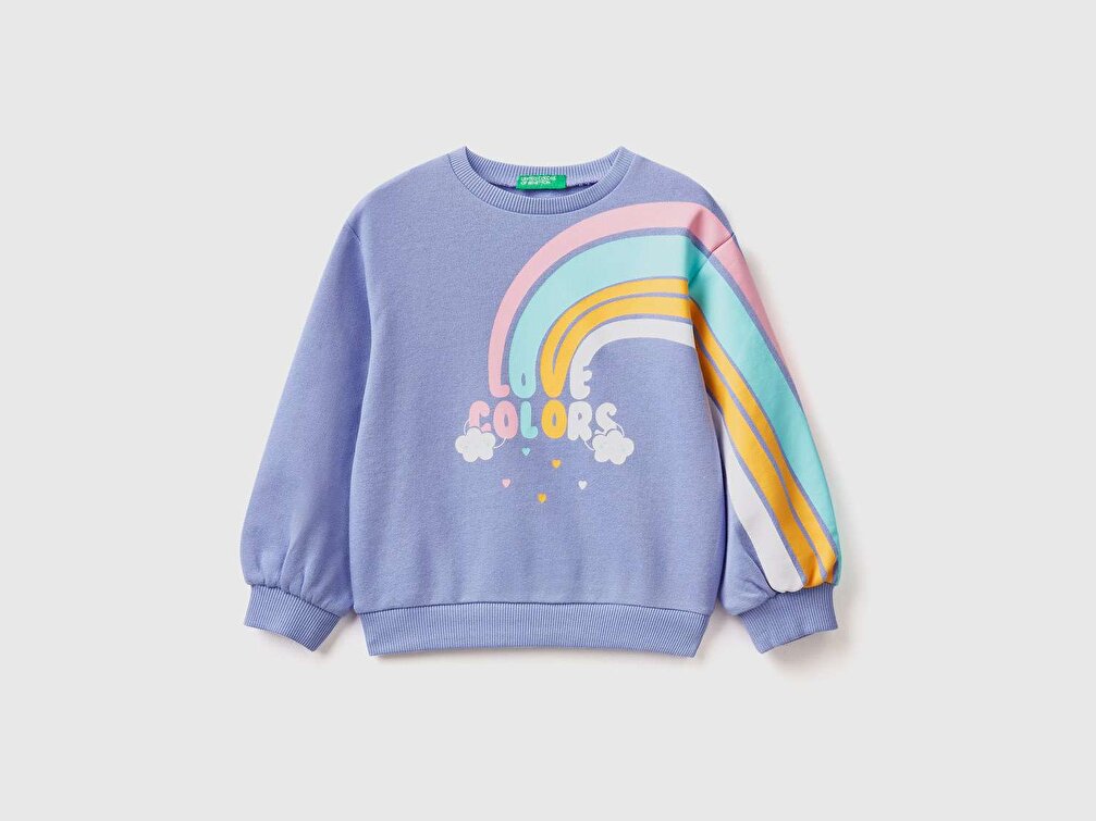 Benetton Kız Çocuk Mavi Gökkuşağı Baskılı Sweatshirt