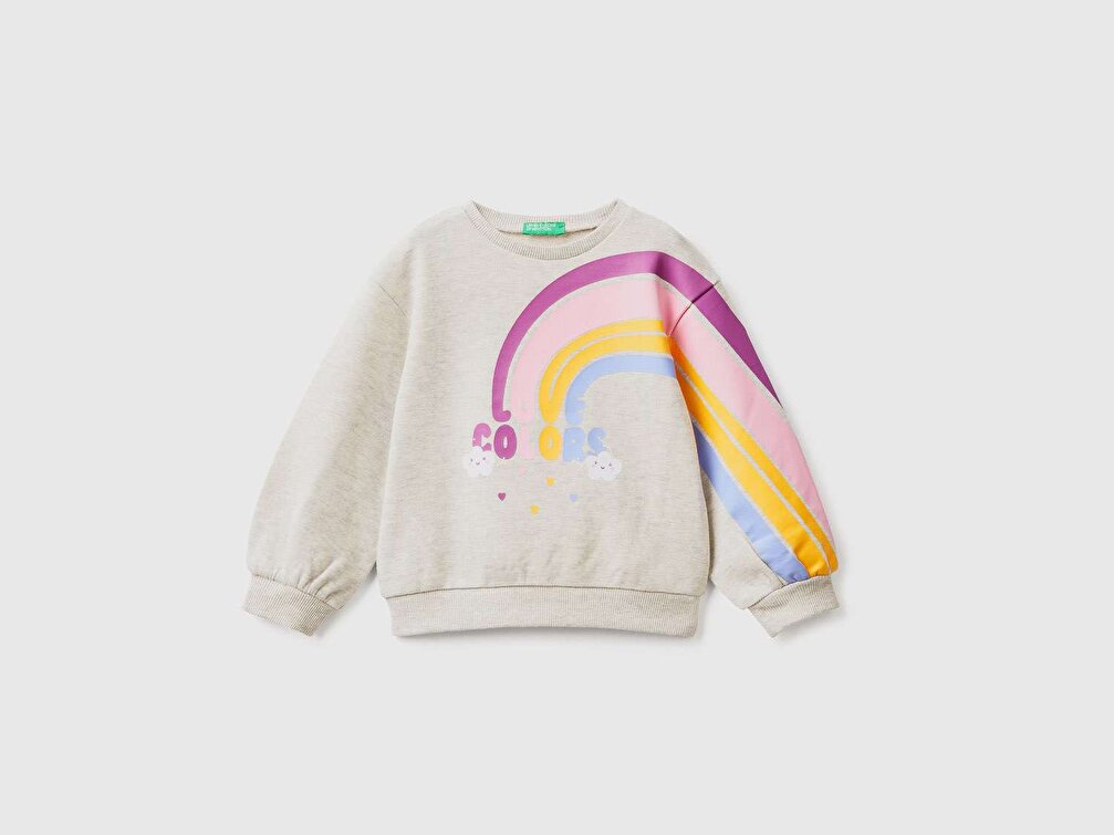 Benetton Kız Çocuk Gri Melanj Gökkuşağı Baskılı Sweatshirt
