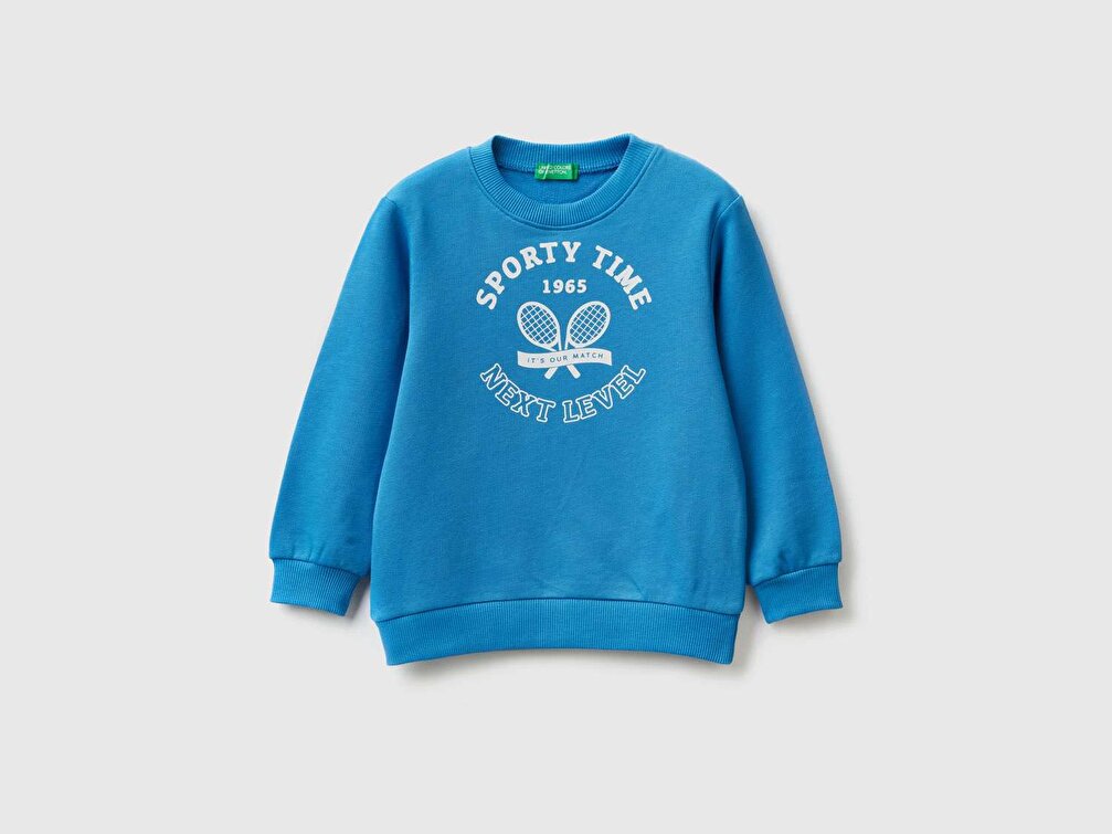Benetton Erkek Çocuk Saks Mavi Slogan Baskılı Sweatshirt