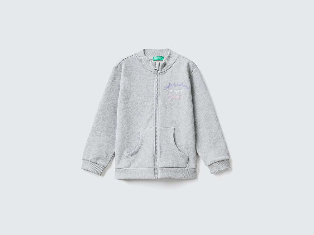 Benetton Kız Çocuk Gri Melanj Simli Logo Baskılı Sweatshirt
