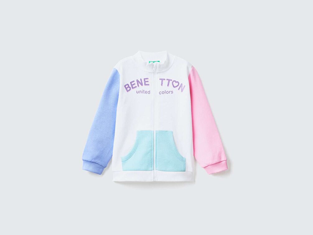 Benetton Kız Çocuk Beyaz Mix Simli Logo Baskılı Sweatshirt
