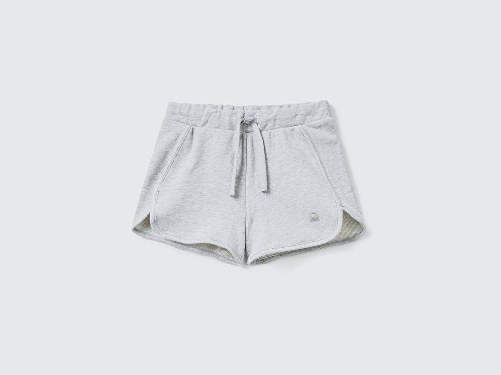 Benetton Kız Çocuk Gri Melanj Logo İşlemeli Sweat Şort