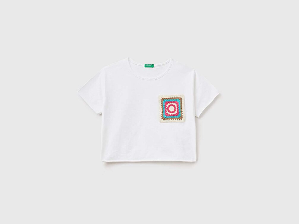 Benetton Kız Çocuk Beyaz Kroşe Cepli Slub T-Shirt