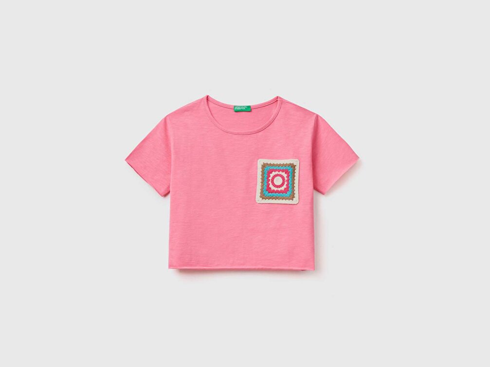 Benetton Kız Çocuk Pembe Kroşe Cepli Slub T-Shirt