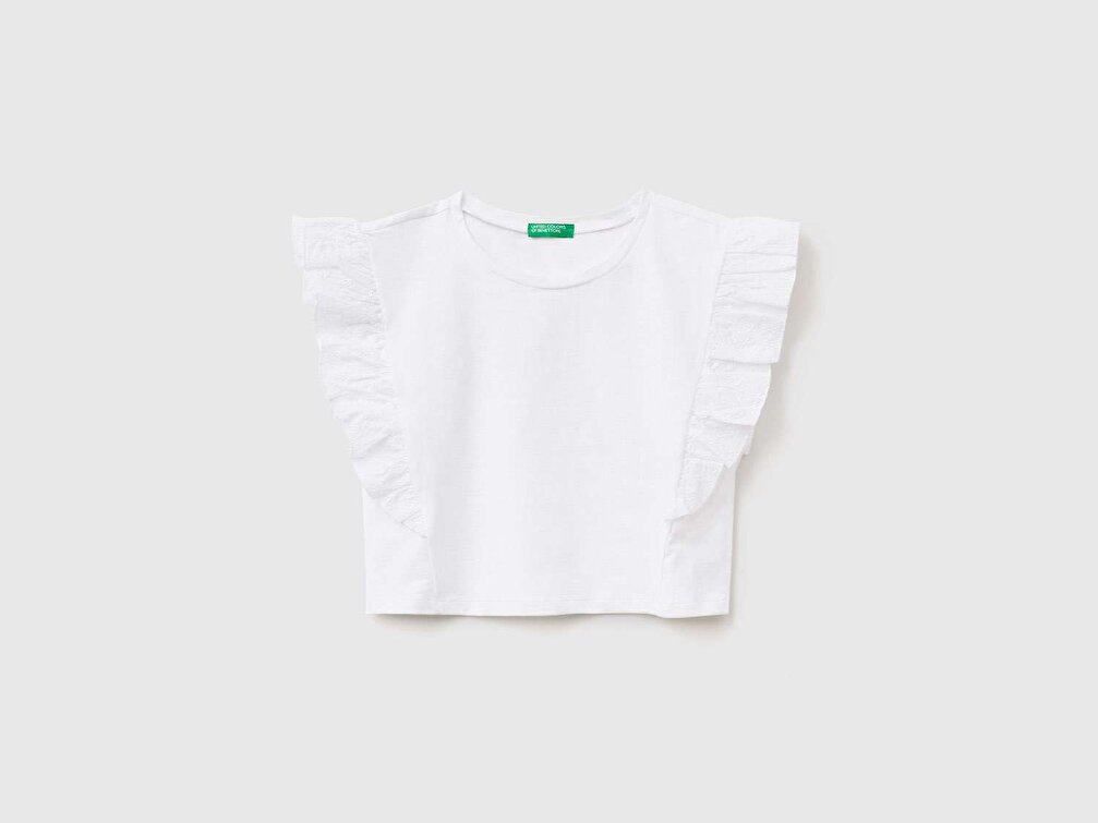 Benetton Kız Çocuk Beyaz Kolu Kuşgözü Fırfırlı Slub T-Shirt