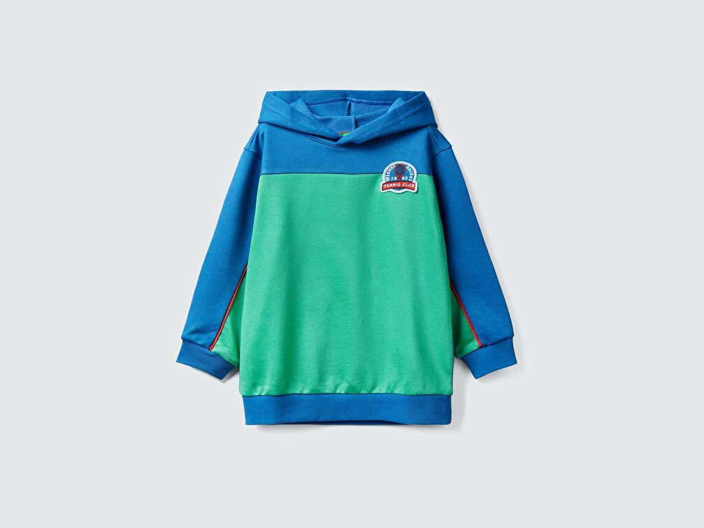 Benetton Erkek Çocuk Saks Mavi Renk Bloklu Patchwork İşlemeli Sweatshirt