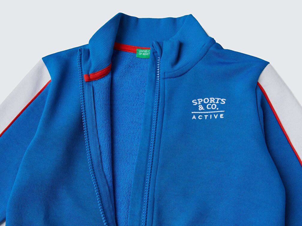 Benetton Erkek Çocuk Saks Mavi Renk Bloklu Patchwork İşlemeli Sweatshirt